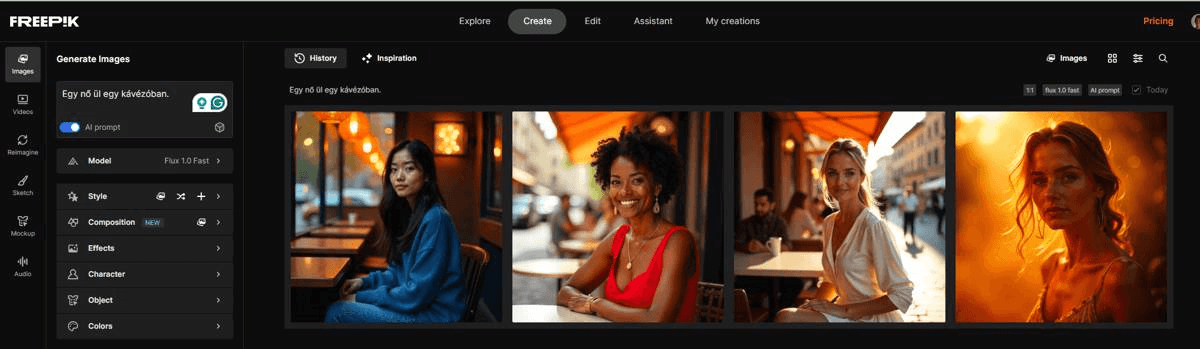 Freepik AI képgeneráló felület képernyőképe