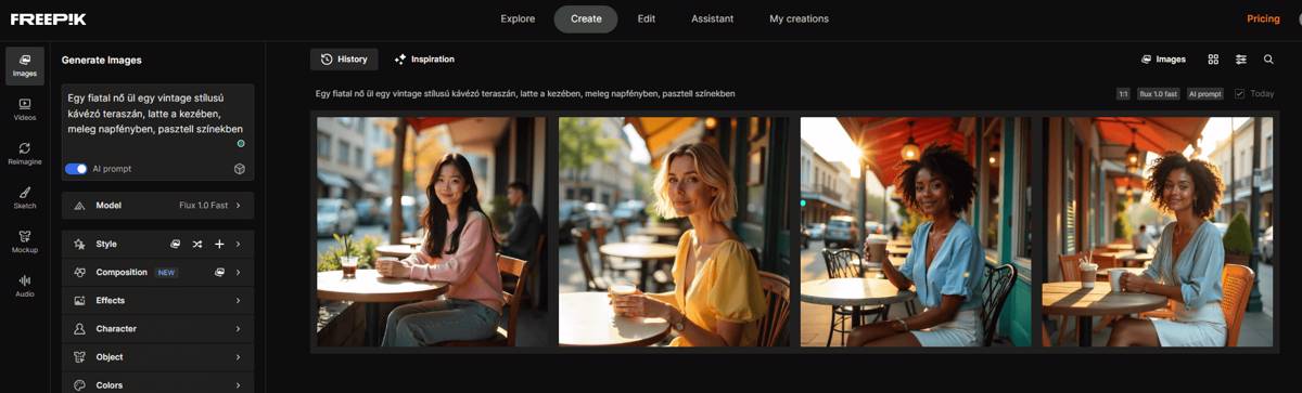 Freepik AI képgeneráló felület képernyőképe