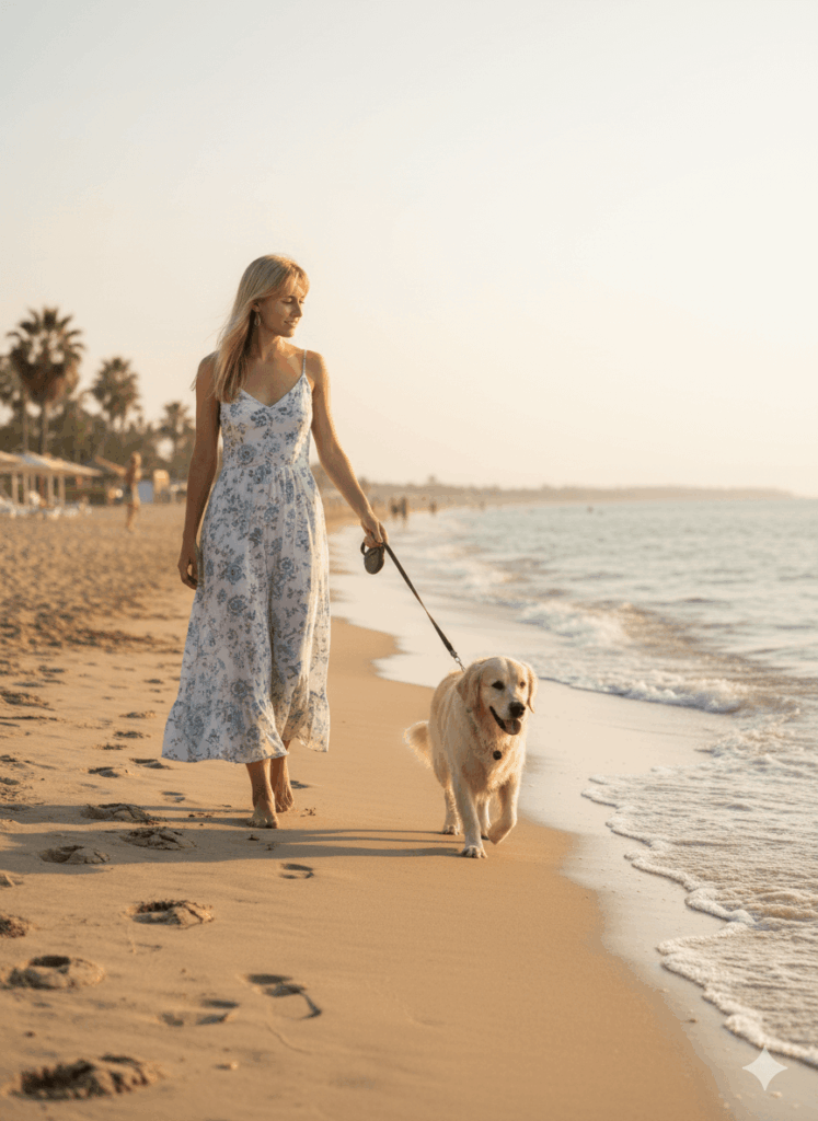 Sétáló nő Golden Retriverrel